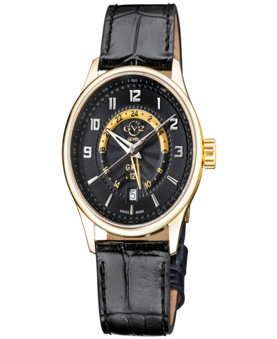 Gevril Men's Giromondo Swiss Quartz Black Genuine Leather Strap Watch 42mm In Gold-tone