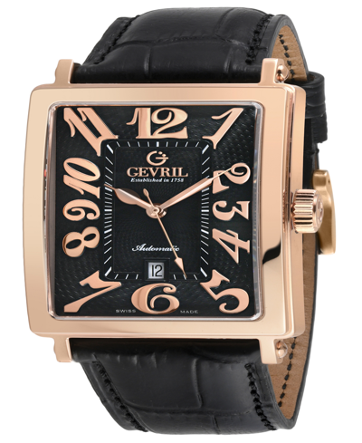 Gevril Men's Avenue Of Americas Swiss Automatic Italian Black Leather Strap Watch 44mm In Rose