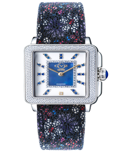 Gevril Women's Padova Gemstone Floral Swiss Quartz Italian Blue Leather Strap Watch 30mm In Silver-tone