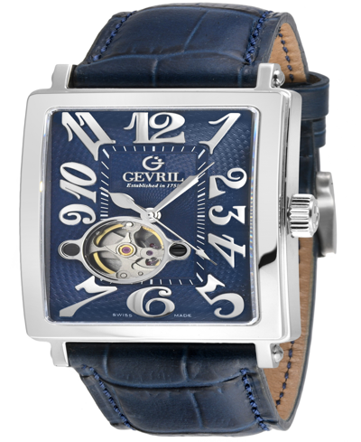Gevril Men's Avenue Of Americas Intravedere Swiss Automatic Italian Blue Leather Strap Watch 44mm