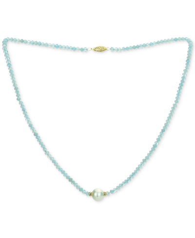 Macy's Gemstone And Cultured Pearl (9-10 Mm) Strand Necklace In 14k Yellow Gold (available In Ruby (80-1/2 In Aquamarine
