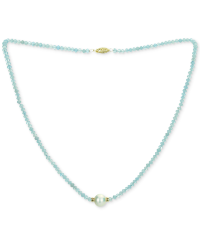 Macy's Gemstone And Cultured Pearl (9-10 Mm) Strand Necklace In 14k Yellow Gold (available In Ruby (80-1/2 In Blue