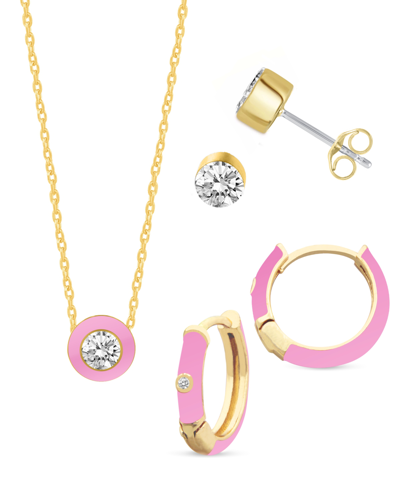 Macy's Crystal Enamel Necklace And Earring Set, 3-piece In Pink Enamel