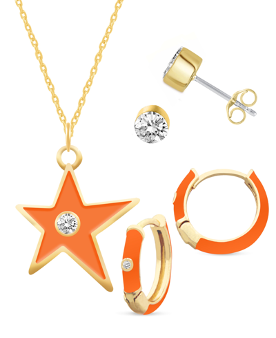 Macy's Crystal Enamel Necklace And Earring Set, 3-piece In Orange Enamel