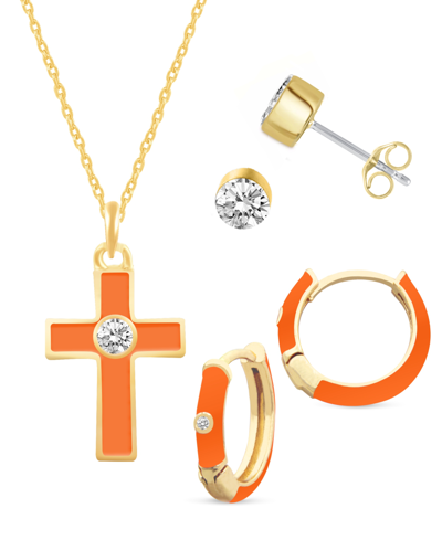 Macy's Crystal Enamel Necklace And Earring Set, 3-piece In Orange Enamel