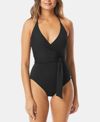 Vince Camuto V-neck Halter Tie One Piece Swimsuit In Black Sunset In Black