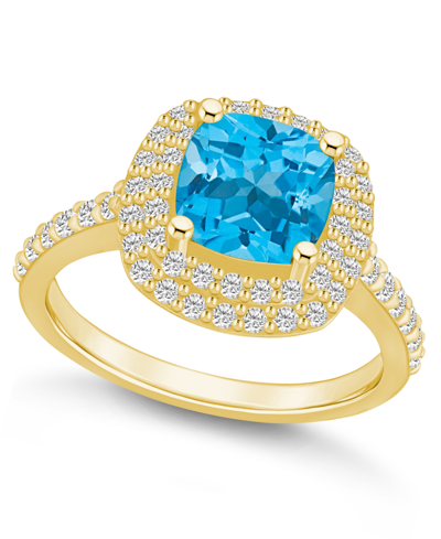 Macy's Blue Topaz And Diamond Accent Halo Ring In 14k Yellow Gold