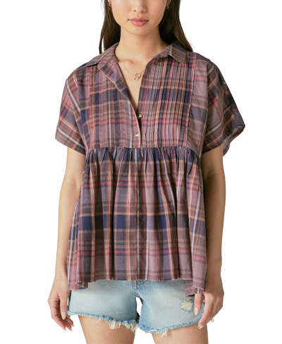 Lucky Brand Short Sleeve Babydoll Tunic Shirt In Plaid In Grey