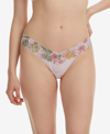 Hanky Panky Women's Low Rise Cotton Thong With Printed Lace Trim In Pink/lovely Leaves