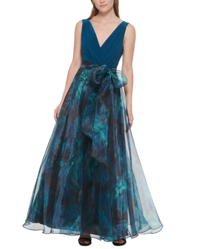 Eliza J Petite Organza-skirt Bow-waist Sleeveless Gown In Teal