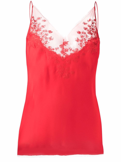 Carine Gilson V-neck Lace-trim Silk-satin Cami Top In Red