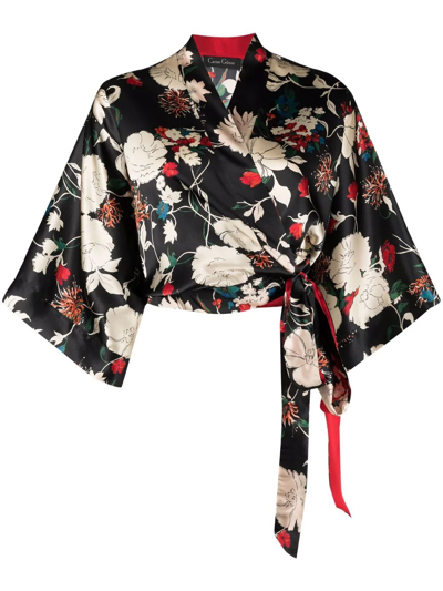 Carine Gilson Floral-print Silk Dressing Gown In Black