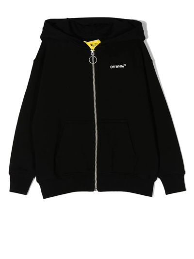 Off-white Kids' Racing Arrow Logo拉链连帽衫 In Black