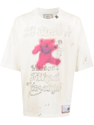 Miharayasuhiro Teddy-print Distressed Cotton-jersey T-shirt In White