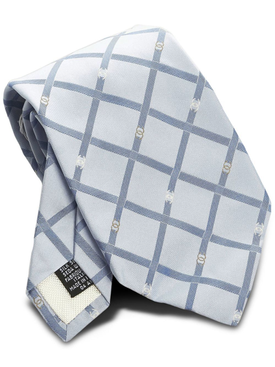 Pre-owned Chanel Cc Grid-print Silk Tie In Blue