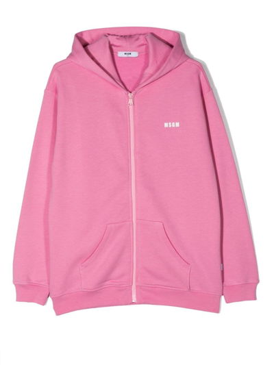 Msgm Teen Logo-print Zip-up Hoodie In Pink