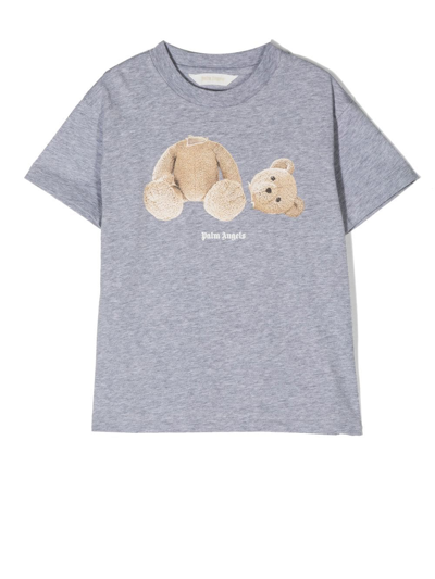 Palm Angels Kids' Branded Bear-print Cotton T-shirt 6-10 Years In Grey