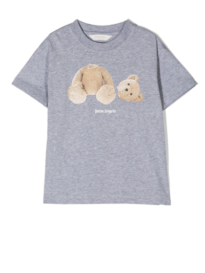 Palm Angels Kids' Branded Bear-print Cotton T-shirt 6-10 Years In Gray