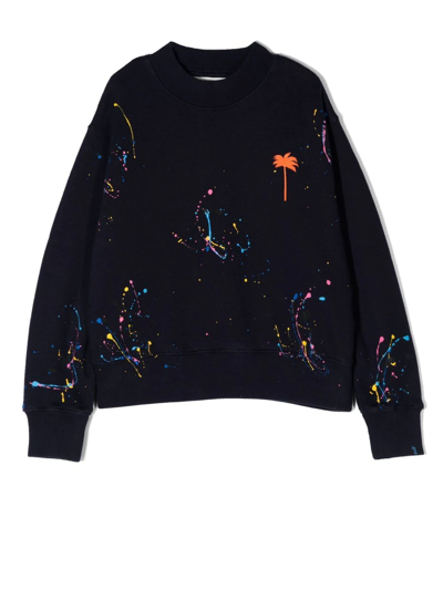 Palm Angels Kids' Paint-splatter Cotton Sweatshirt In Blue