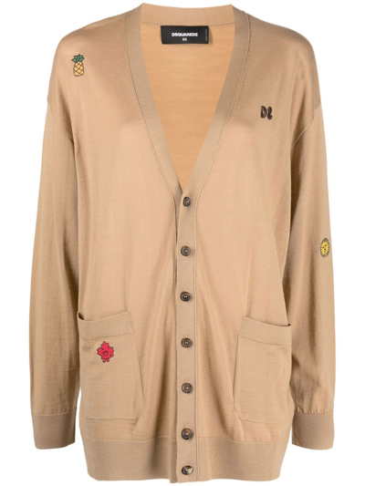 Dsquared2 Patch-detail Knitted Cardigan In Beige