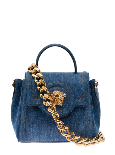 Versace Mini La Medusa Denim Top Handle Bag In Navy Blue