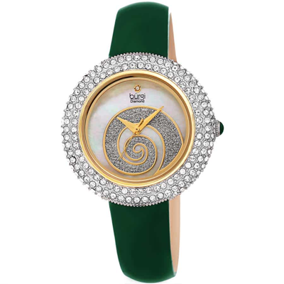 Burgi Swirl Quartz Crystal White Dial Ladies Watch Bur209gn In Brass / Gold Tone / Green / White