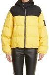 Alexander Wang Colorblock Hooded Denim Puffer Jacket In Yellow
