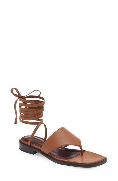 Staud Alexandre Leather Lace-up Thong Sandals In Tan