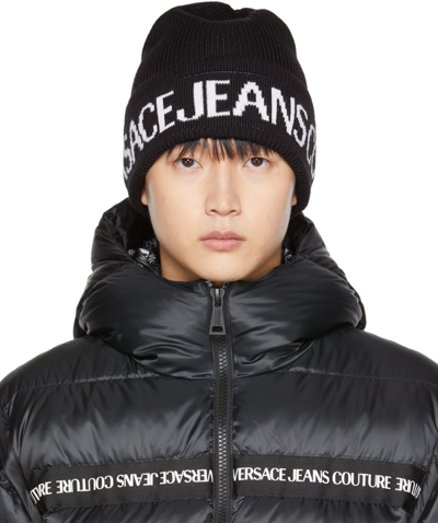 Versace Jeans Couture Black Logo Beanie In El01 Black/white