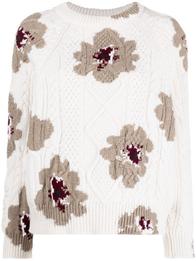 Barrie Floral-print Cashmere Jumper In White