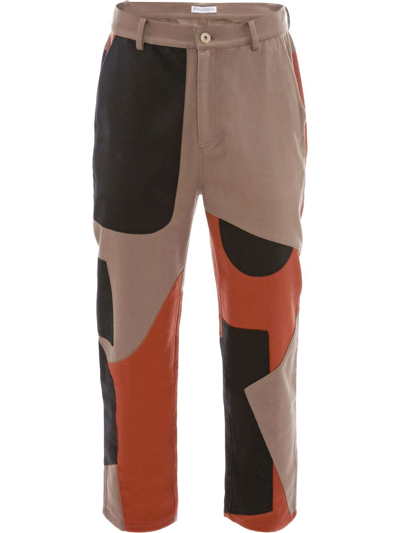 Jw Anderson Contrast-patch Relaxed-fit Tapered-leg Cotton-twill Trousers In Brown