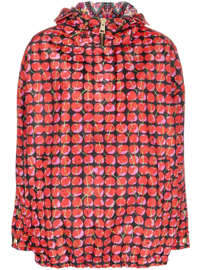 La Doublej Cherry Print Hooded Windbreaker In Black Cherries