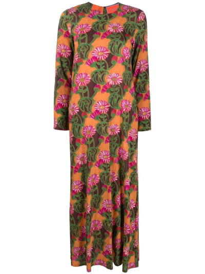 La Doublej Floral Striped-print Long-sleeve Maxi Swing Dress In Orange Gerber