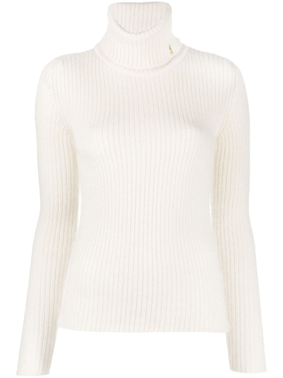 Saint Laurent Ribbed-knit Roll-neck Jumper In Nude & Neutrals