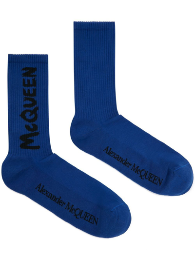 Alexander Mcqueen Intarsia-knit Logo Socks In 4333 Electric Blue