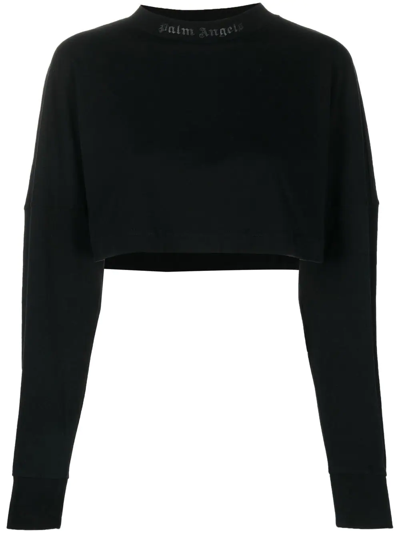 Palm Angels Black Crystal-embellished Logo Cropped Top In Black Silver