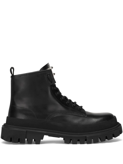 Dolce & Gabbana Lace-up Leather Black Ankle Boots In Multicolor