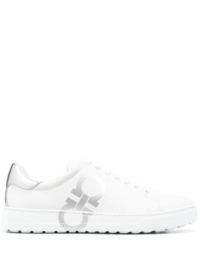 Ferragamo Gancini-print Lace-up Sneakers In White
