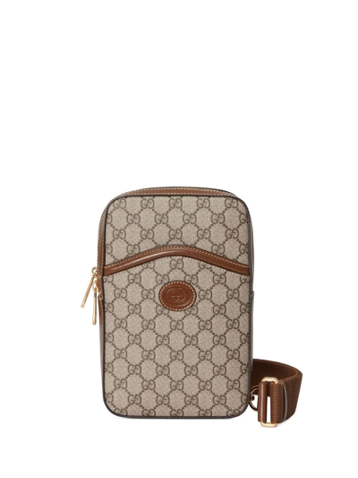 Gucci Leather-trimmed Monogrammed Coated-canvas Messenger Bag In Beige