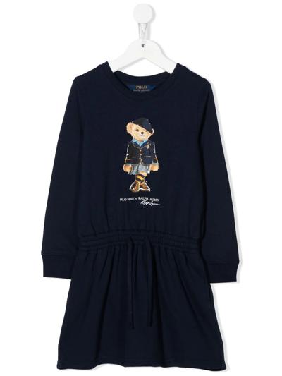 Ralph Lauren Kids' Polo Bear Print Long-sleeve Dress In Blue