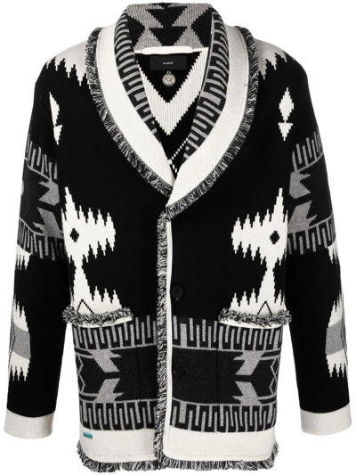 Alanui Icon Shawl-collar Cashmere And Linen-blend Jacquard Cardigan In Black,grey,white