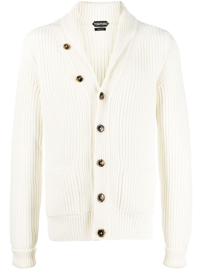 Tom Ford Shawl-neck Ribbed Wool-blend Cardigan In White