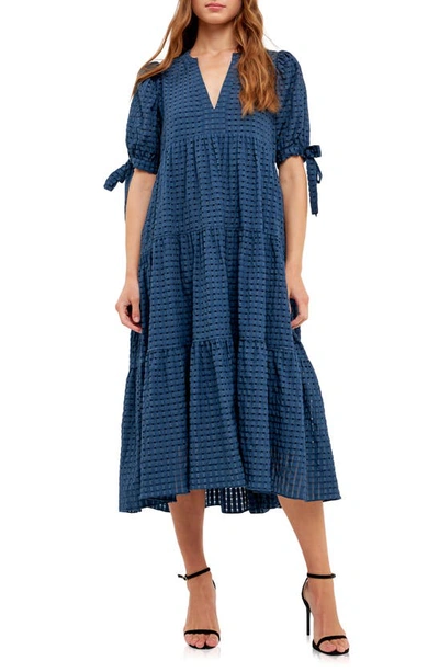 English Factory Gingham Tiered Midi Dress In Navy