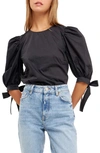 English Factory Bow Banded Puff Sleeve Blouse In Black