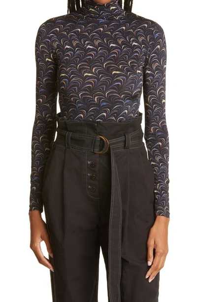 Ulla Johnson Aurelia Printed Stretch-jersey Turtleneck Top In Obsidian