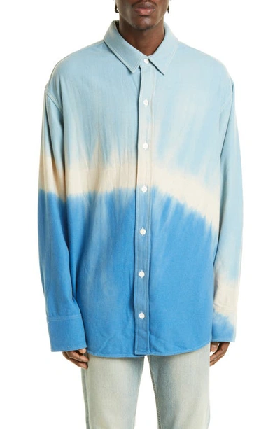 The Elder Statesman Blue Blot Recycle Cash Button Tie-dye Shirt In Oatmeal Adriatic And Navy