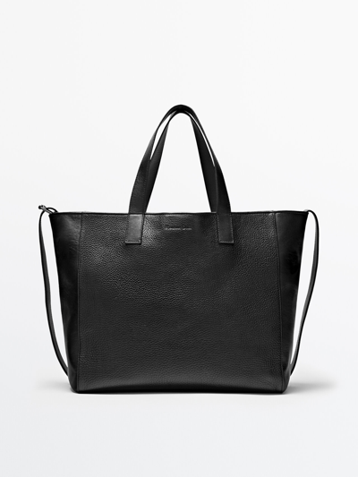Massimo Dutti Black Montana Leather Tote Bag