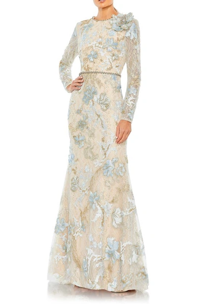 Mac Duggal Long Sleeve Embellished Mesh Column Gown In Ice Blue