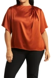 Vince Drape Neck Flutter Sleeve Silk Top In Rust Amber