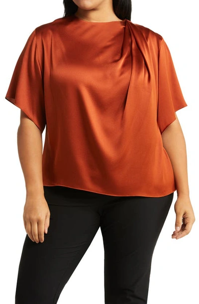 Vince Drape Neck Flutter Sleeve Silk Top In Rust Amber